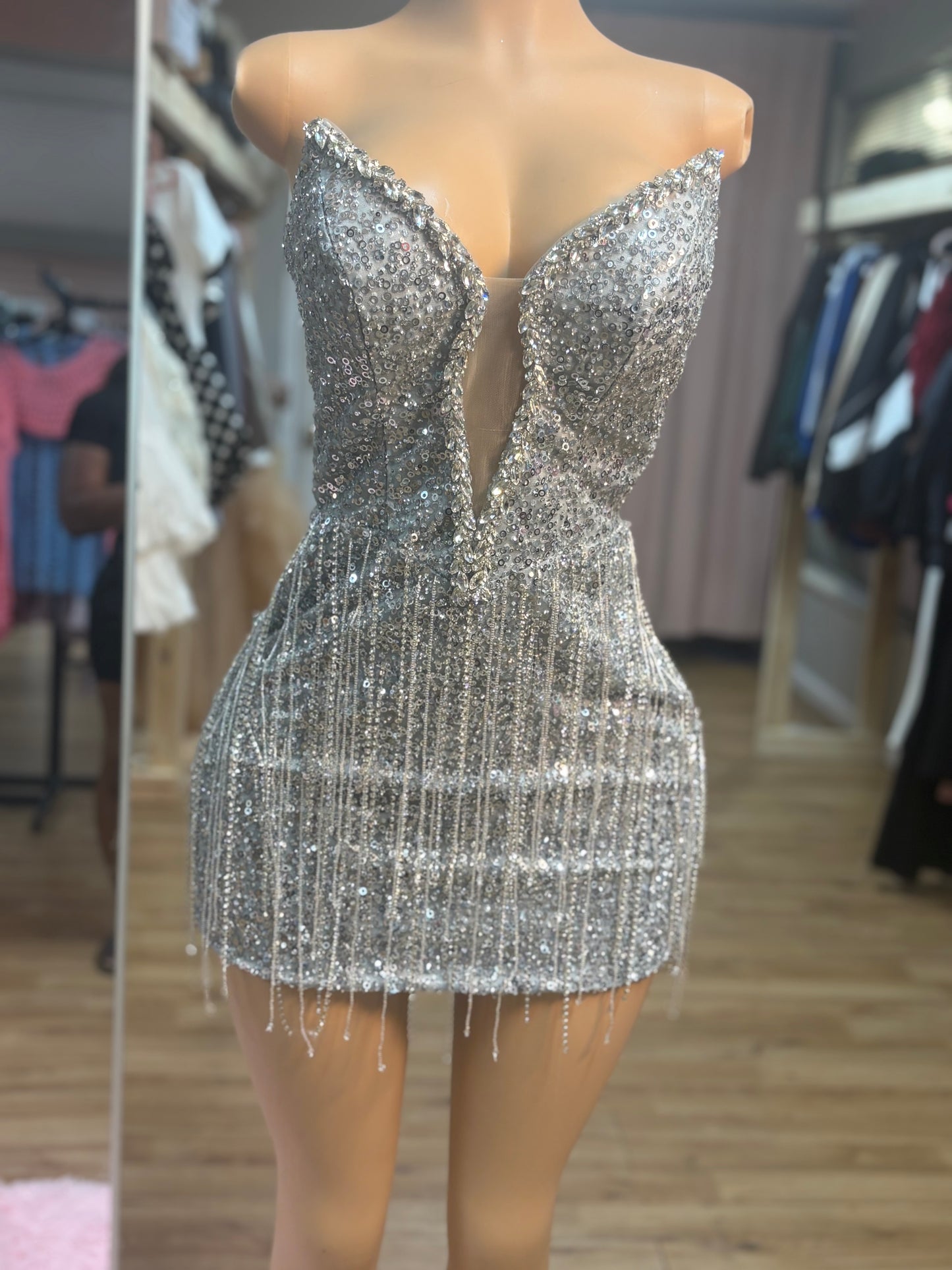 Crystal Cascade Fringe Mini Dress