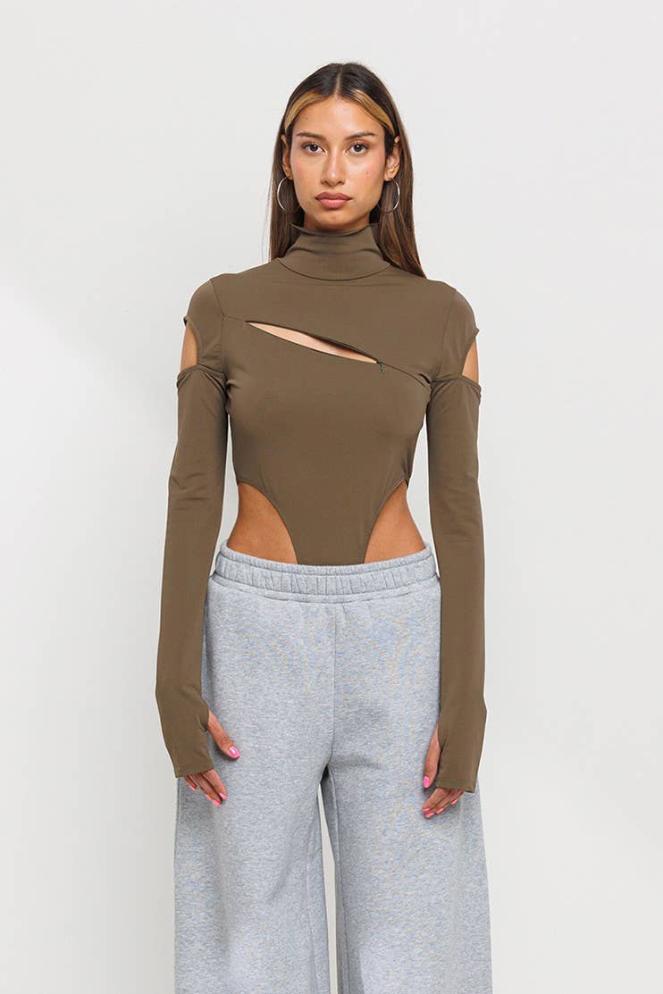 Front slit and cold shoulder mock neck bodysuits