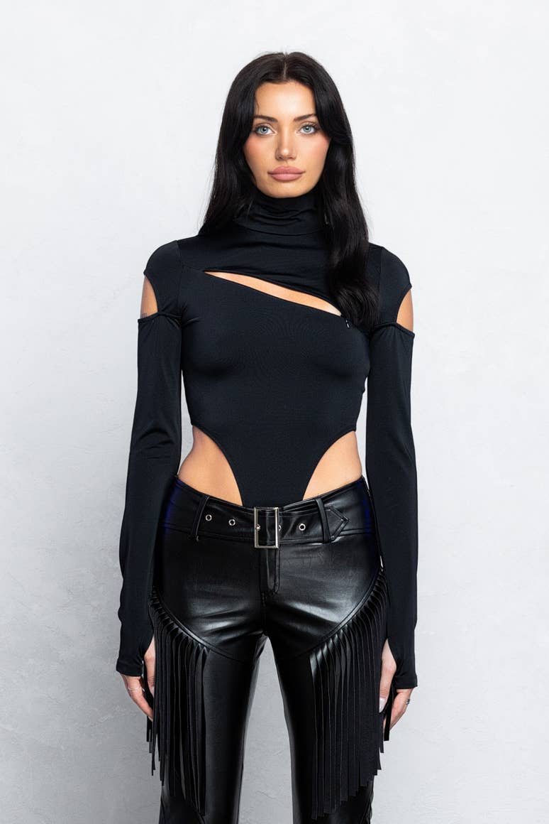 Front slit and cold shoulder mock neck bodysuits