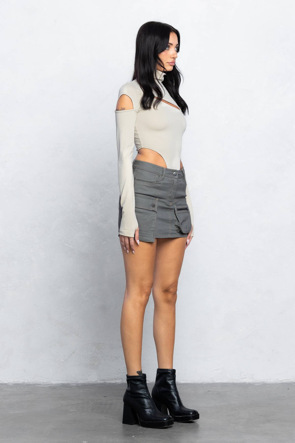 Front slit and cold shoulder mock neck bodysuits
