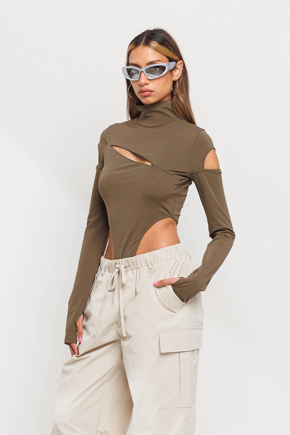 Front slit and cold shoulder mock neck bodysuits