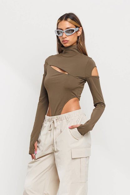 Front slit and cold shoulder mock neck bodysuits