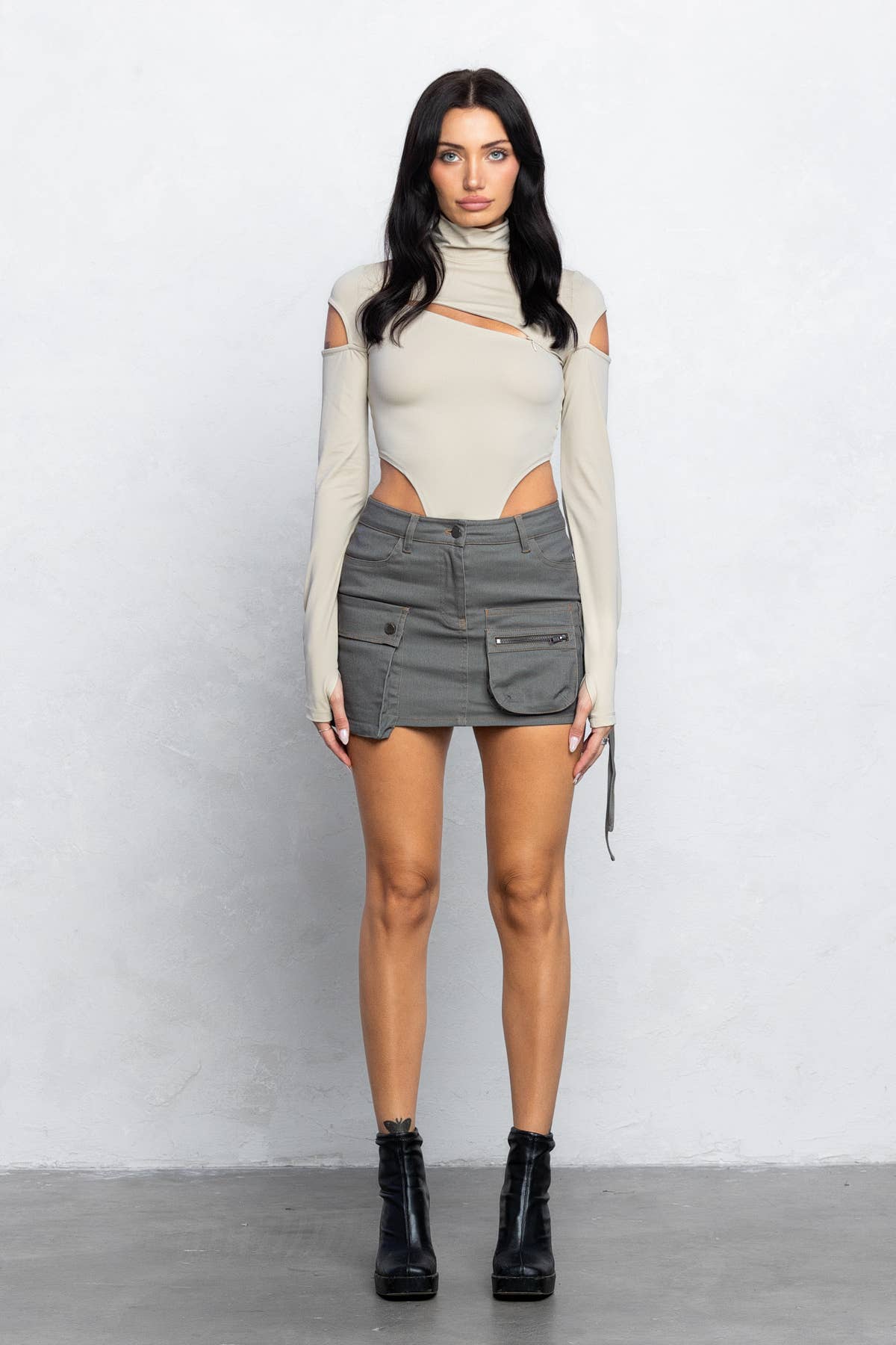 Front slit and cold shoulder mock neck bodysuits