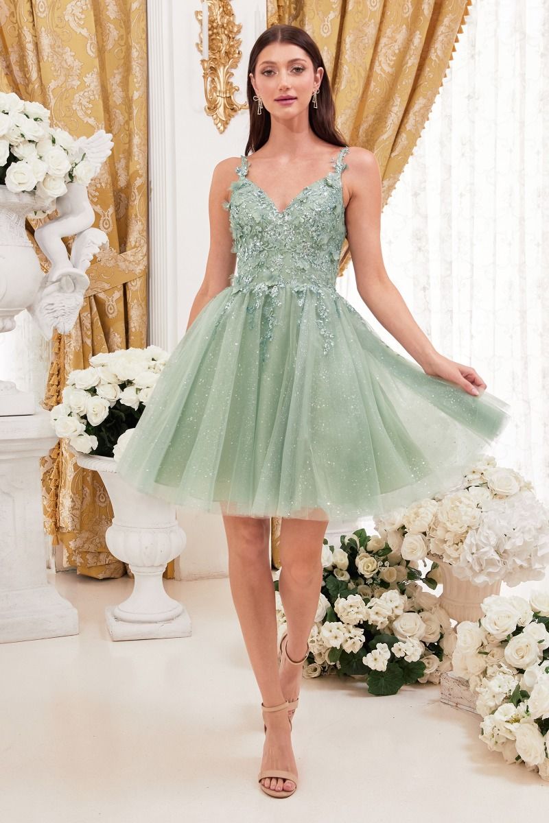 A-Line Floral Details Babydoll Embellushed Glitter Short Cocktail Dress CD9245
