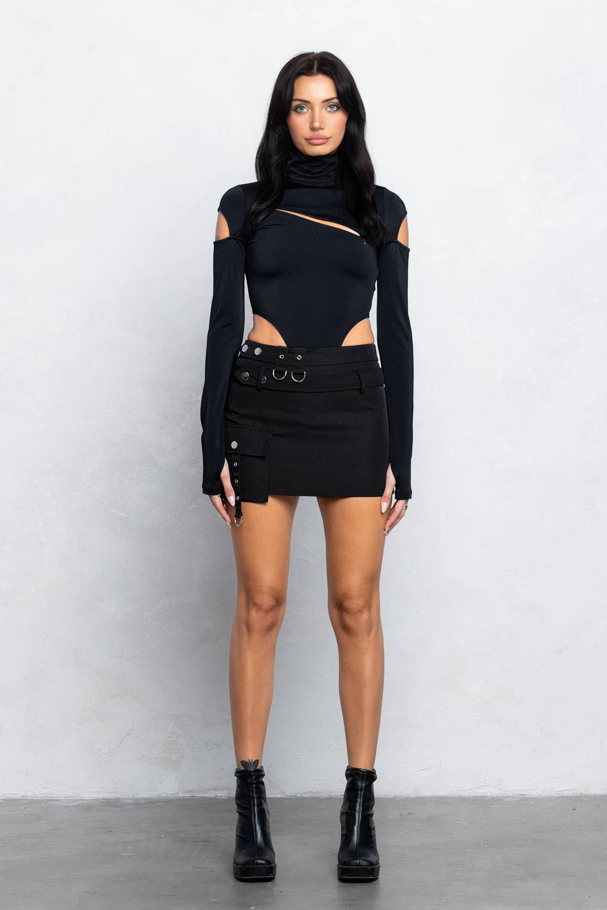 Front slit and cold shoulder mock neck bodysuits