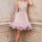 Wren Embroidered Bodice Feather Detailed Hem Short Cocktail & Homecoming Dress CDA1012
