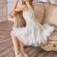 Wren Embroidered Bodice Feather Detailed Hem Short Cocktail & Homecoming Dress CDA1012