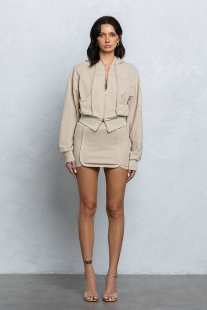 French terry zip-up hoodie and mini skirt set