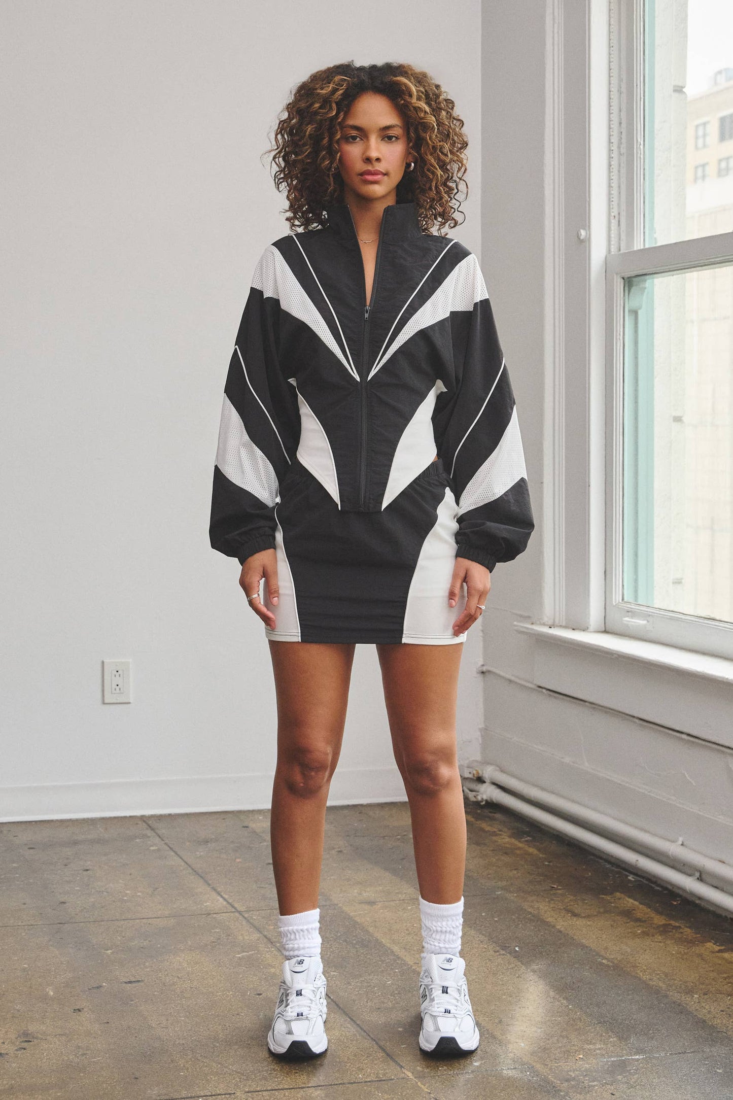 Nylon & mesh contrast track suit top & mini skirt set