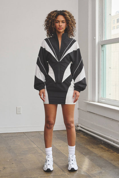 Nylon & mesh contrast track suit top & mini skirt set