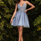 A-Line Dotted Skirt Floral Bodice Short BabyDoll Silhouette Short Cocktail & Homecoming Dress CDCD0189