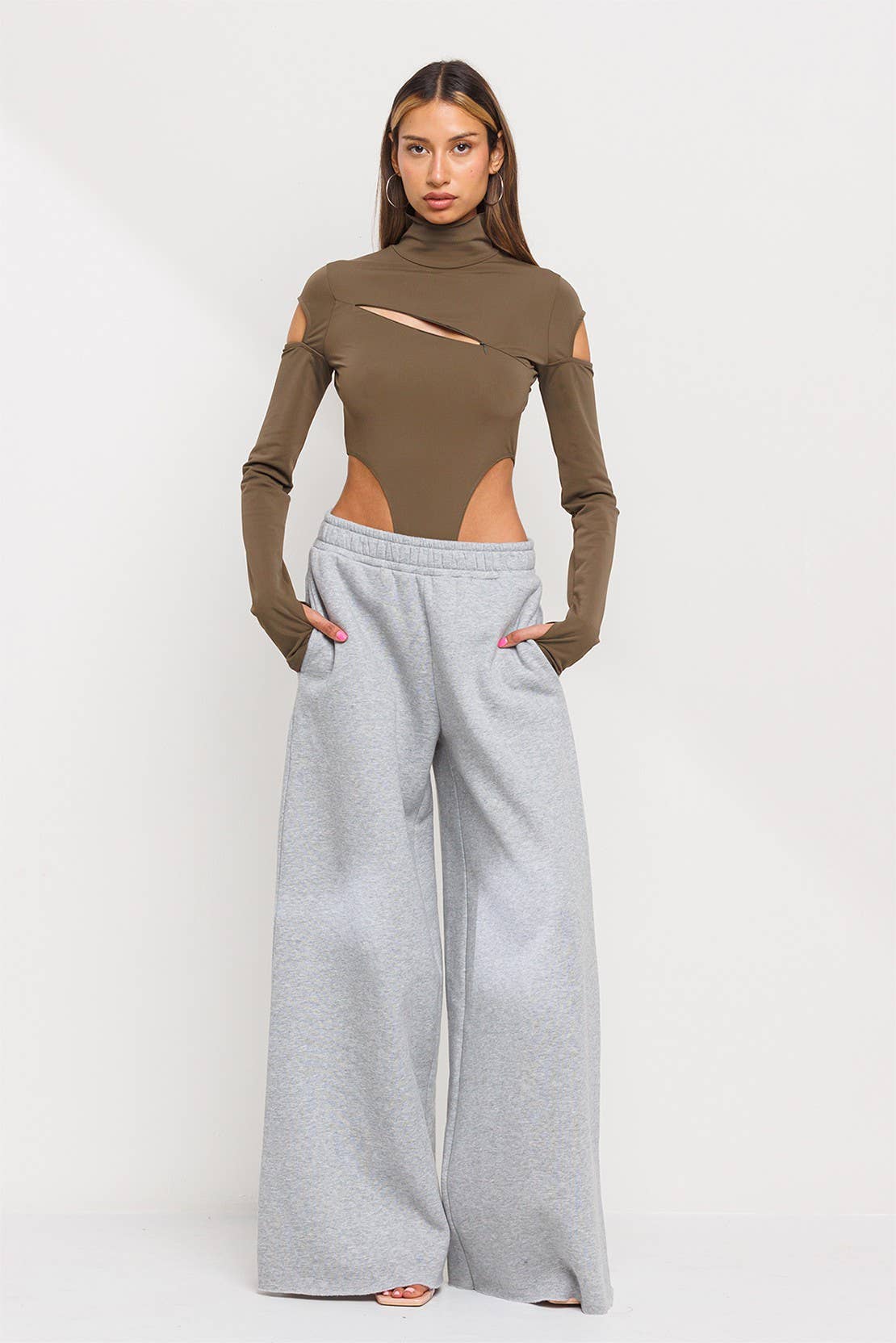 Front slit and cold shoulder mock neck bodysuits