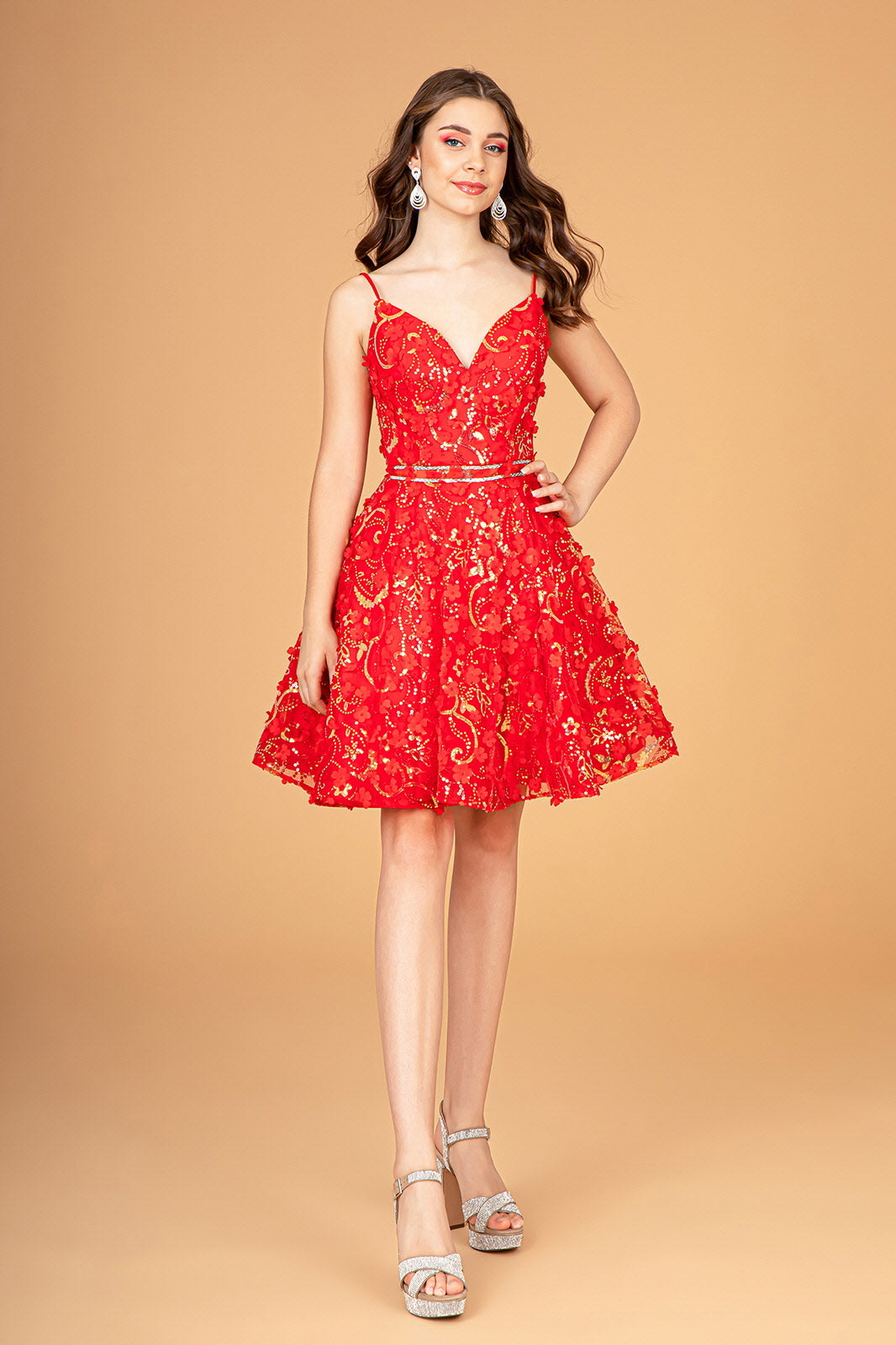 Mock Two-Piece Babydoll w/ 3D Flower Appliques Short Homecoming Dress GLGS3091