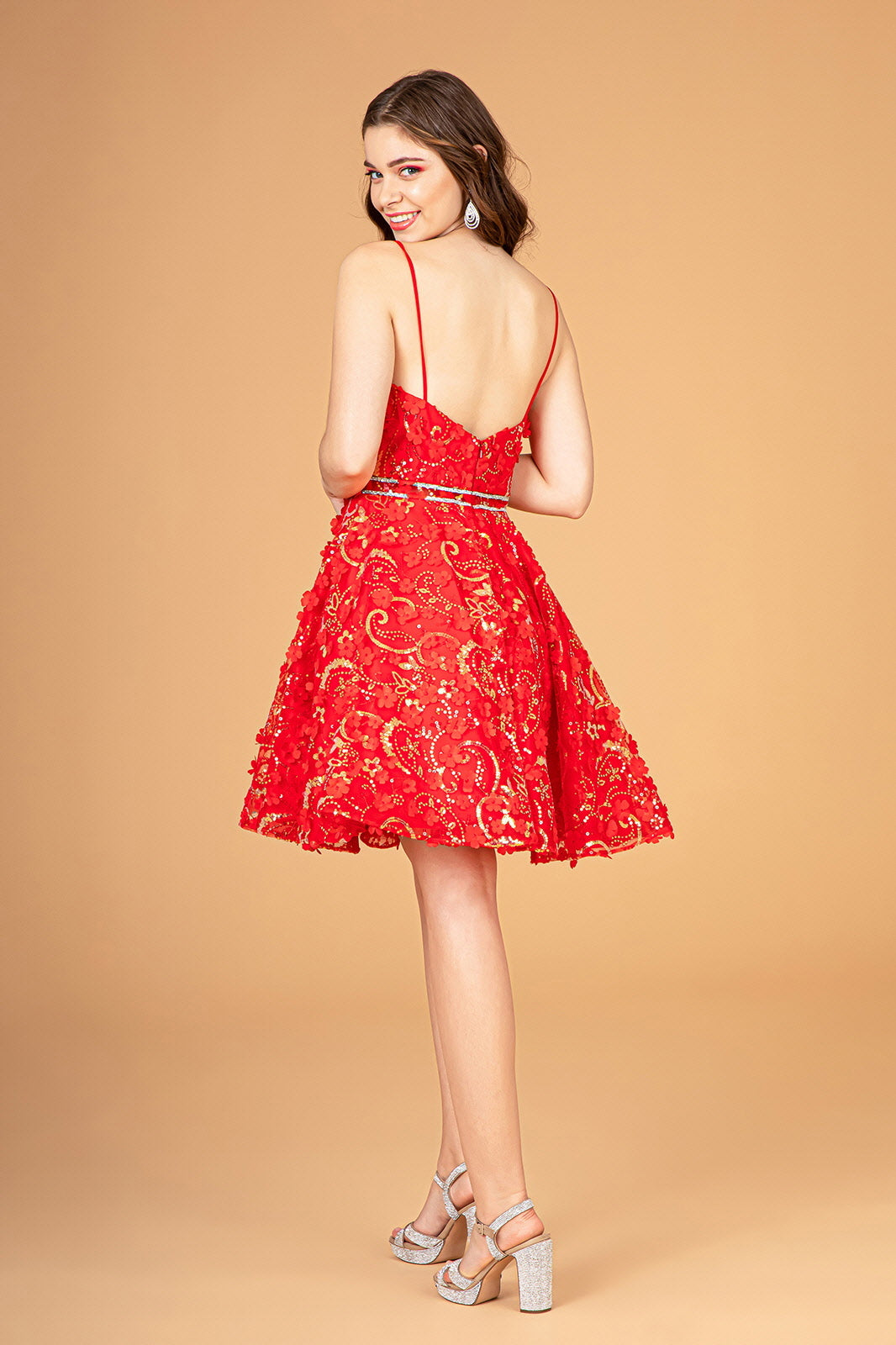 Mock Two-Piece Babydoll w/ 3D Flower Appliques Short Homecoming Dress GLGS3091